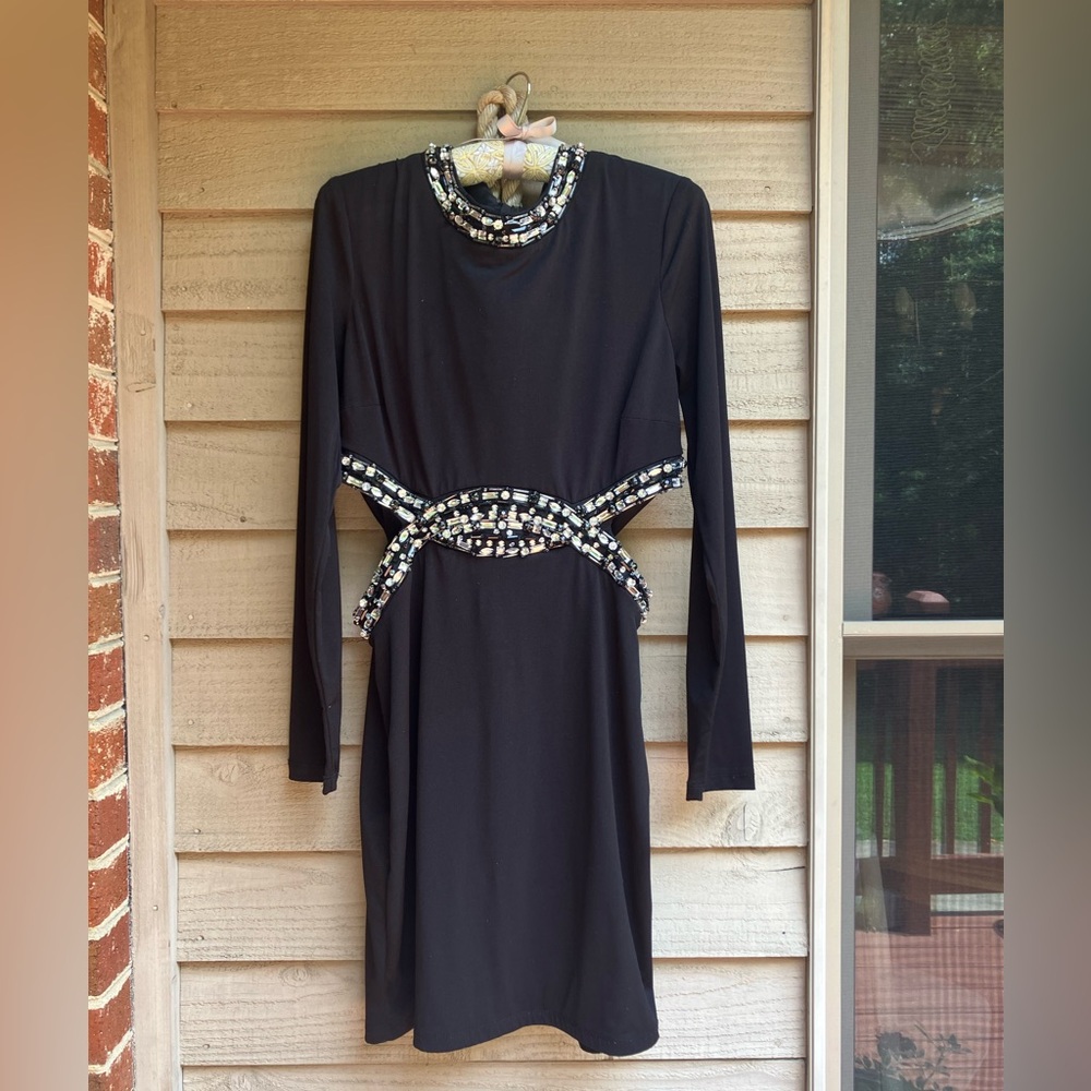 Jodi Kristopher Black Long Sleeve Dress with Embellished Accents